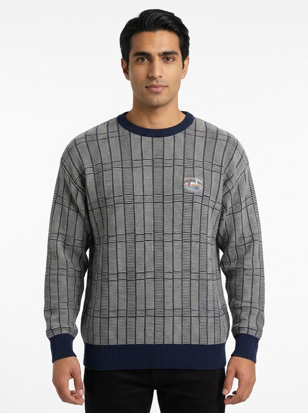LA Mode Gray Embroidered Knit Geometric Pullover Sweater Men Size M
